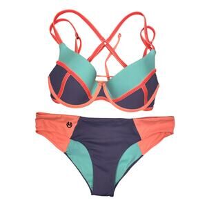 Maaji Bikini Set Womens Small Aqua Lavender Coral Colorblock Underwire Padded